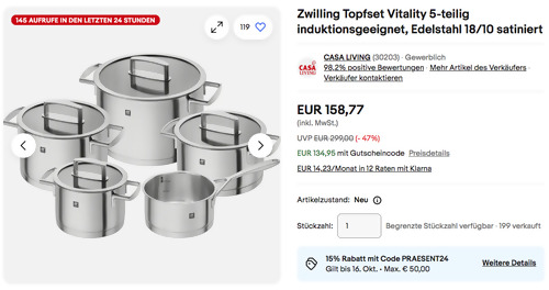 Zwilling 1006216 Topfset Vitality 5-teilig (induktionsgeeignet, Edelstahl 18/10 satiniert) Zwilling 1006216 Topfset Vitality 5-teilig (induktionsgeeignet, Edelstahl 18/10 satiniert)