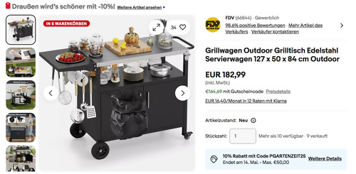 Ebay - 10% Rabatt auf Garten & Terrasse, Heimwerker und Möbel: z.B. Costway 127 x 50 x 84 cm Grillwagen/Servierwagen Ebay - 10% Rabatt auf Garten & Terrasse, Heimwerker und Möbel: z.B. Costway 127 x 50 x 84 cm Grillwagen/Servierwagen