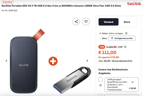SanDisk Portable SSD V2 2 TB USB 3.2 Gen 2 Festplatte inklusive SanDisk 128GB Ultra Flair USB 3.0 Stick SanDisk Portable SSD V2 2 TB USB 3.2 Gen 2 Festplatte inklusive SanDisk 128GB Ultra Flair USB 3.0 Stick