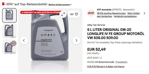 5 L LITER ORIGINAL 0W-20 LONGLIFE IV FE GROUP MOTORÖL VW 508.00 509.00 5 L LITER ORIGINAL 0W-20 LONGLIFE IV FE GROUP MOTORÖL VW 508.00 509.00