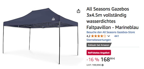 All Seasons Gazebos 3x4.5m Faltpavillon in Marineblau oder Metallic Grey, wasserdicht All Seasons Gazebos 3x4.5m Faltpavillon in Marineblau oder Metallic Grey, wasserdicht