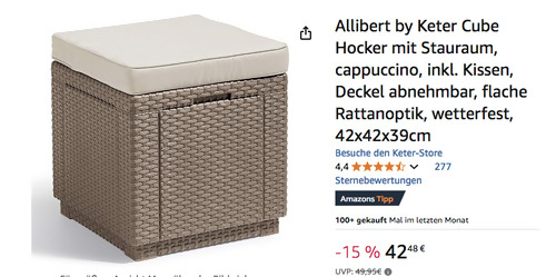 Allibert by Keter 42x42x39cm Cube Hocker mit Stauraum in Cappuccino Allibert by Keter 42x42x39cm Cube Hocker mit Stauraum in Cappuccino