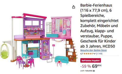 Barbie-Ferienhaus HCD50 mit 6 Spielbereichen und Zubehör, klapp- und verstaubar Barbie-Ferienhaus HCD50 mit 6 Spielbereichen und Zubehör, klapp- und verstaubar