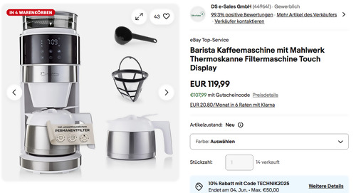 Barista Kaffeemaschine mit Mahlwerk in Weiß (Kegelmahlwerk, 1 l Thermoskanne Barista Kaffeemaschine mit Mahlwerk in Weiß (Kegelmahlwerk, 1 l Thermoskanne