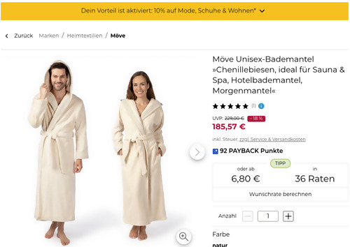 Baur.de - 10% Rabatt auf Mode, Schuhe, Möbel und Heimtextilien: z.B. Möve Unisex-Bademantel Chenillebiesen in Natur, XS-XL Baur.de - 10% Rabatt auf Mode, Schuhe, Möbel und Heimtextilien: z.B. Möve Unisex-Bademantel Chenillebiesen in Natur, XS-XL