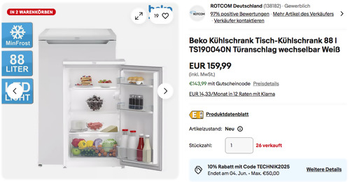 Beko Kühlschrank Tisch-Kühlschrank 88 l TS190040N, 818 mm hoch Beko Kühlschrank Tisch-Kühlschrank 88 l TS190040N, 818 mm hoch