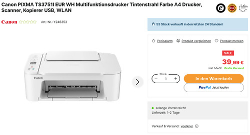 Canon PIXMA TS3751I EUR WH Multifunktionsdrucker (3in1, ?WLAN) Canon PIXMA TS3751I EUR WH Multifunktionsdrucker (3in1, ?WLAN)