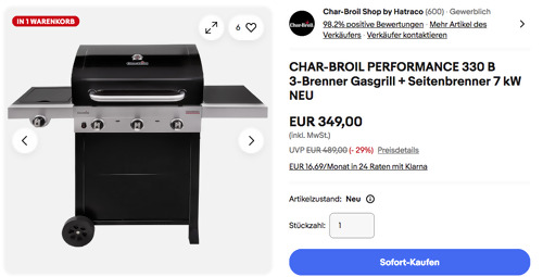 Char-Broil Performance 330 B Gasgrill (3-Brenner, 1 Seitenbrenner, 7 kW) Char-Broil Performance 330 B Gasgrill (3-Brenner, 1 Seitenbrenner, 7 kW)