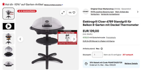 Cloer 6789 Elektrogrill Standgrill, 38,5 x 52,5 cm Grillfläche Cloer 6789 Elektrogrill Standgrill, 38,5 x 52,5 cm Grillfläche