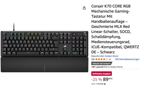 Corsair CH-910981E-DE K70 CORE RGB Mechanische Gaming-Tastatur mit Handballenauflage Corsair CH-910981E-DE K70 CORE RGB Mechanische Gaming-Tastatur mit Handballenauflage