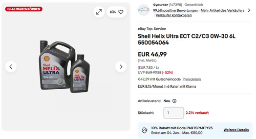 Ebay - 10% Rabatt auf Fahrzeugteile & Zubehör: z.B. Shell Helix Ultra ECT C2/C3 0W-30 6L 550054064 Motoröl Ebay - 10% Rabatt auf Fahrzeugteile & Zubehör: z.B. Shell Helix Ultra ECT C2/C3 0W-30 6L 550054064 Motoröl