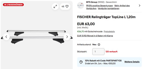 FISCHER 126004 Relingträger TopLine L 1,20m, max. 90 kg FISCHER 126004 Relingträger TopLine L 1,20m, max. 90 kg