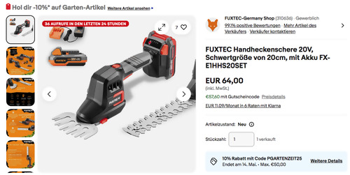 FUXTEC Akku Handheckenschere 20V FX-E1HHS20SET, 20 cm Schwertgröße FUXTEC Akku Handheckenschere 20V FX-E1HHS20SET, 20 cm Schwertgröße