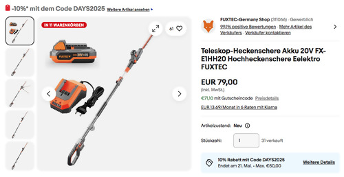 FUXTEC FX-E1HH20 Akku-Hochheckenschere mit Akku und Ladegerät FUXTEC FX-E1HH20 Akku-Hochheckenschere mit Akku und Ladegerät
