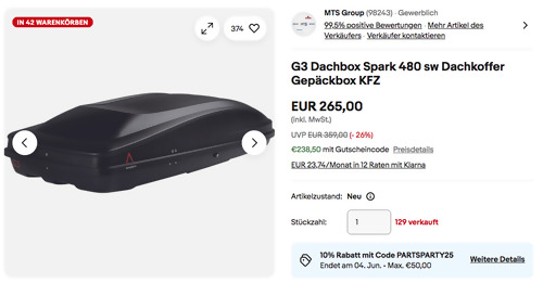 G3 Dachbox Spark 480 (max. 75 kg, 390 Liter) G3 Dachbox Spark 480 (max. 75 kg, 390 Liter)