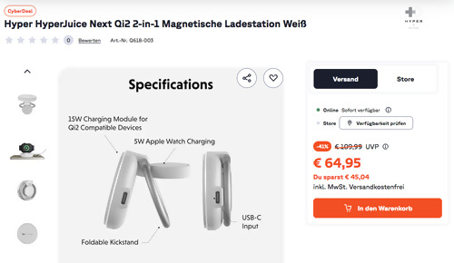 Hyper HyperJuice Next Qi2 2-in-1 Magnetische Ladestation in Weiß Hyper HyperJuice Next Qi2 2-in-1 Magnetische Ladestation in Weiß