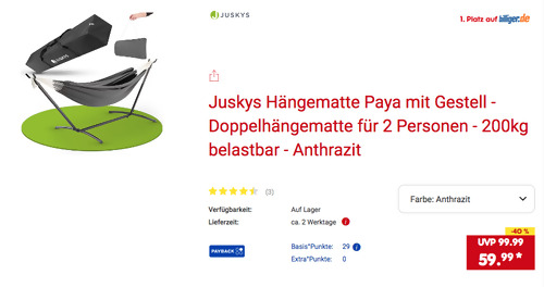 Juskys Hängematte "Paya" mit Gestell in Anthrazit (200kg belastbar, 190 x 150 cm) Juskys Hängematte "Paya" mit Gestell in Anthrazit (200kg belastbar, 190 x 150 cm)