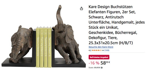 Kare Design 25,3 cm Elefanten Figuren Buchstützen 2er Set Kare Design 25,3 cm Elefanten Figuren Buchstützen 2er Set