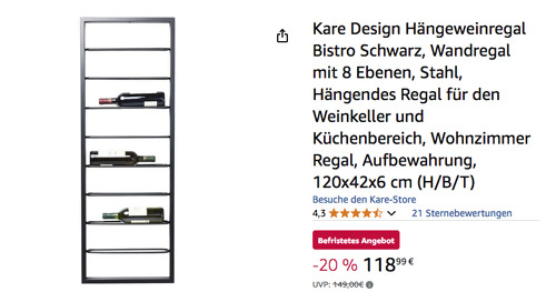 Kare Design 84278 Hängeweinregal Bistro Schwarz, 120x42x6 cm Kare Design 84278 Hängeweinregal Bistro Schwarz, 120x42x6 cm