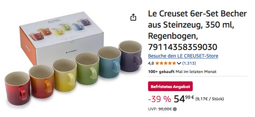 Le Creuset Regenbogen 350ml Becher 6er-Set aus Steinzeug Le Creuset Regenbogen 350ml Becher 6er-Set aus Steinzeug