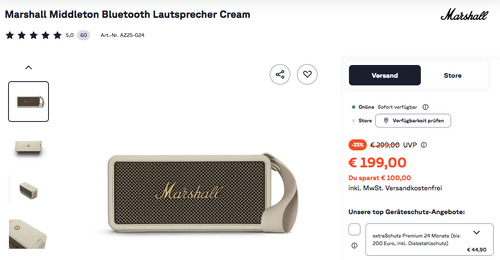 Marshall Middleton Bluetooth Lautsprecher Cream Marshall Middleton Bluetooth Lautsprecher Cream