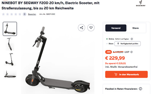 NINEBOT BY SEGWAY F20D 20 km/h E-Scooter, bis zu 20 km Reichweite NINEBOT BY SEGWAY F20D 20 km/h E-Scooter, bis zu 20 km Reichweite