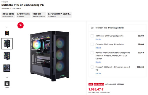 Otto.de - 15% Rabatt auf Cougar Gaming PCs: z.B. COUGAR DUOFACE PRO BK 7475 Gaming-PC (AMD Ryzen 5, RTX 5070, 32 GB, Wasserkühlung) Otto.de - 15% Rabatt auf Cougar Gaming PCs: z.B. COUGAR DUOFACE PRO BK 7475 Gaming-PC (AMD Ryzen 5, RTX 5070, 32 GB, Wasserkühlung)