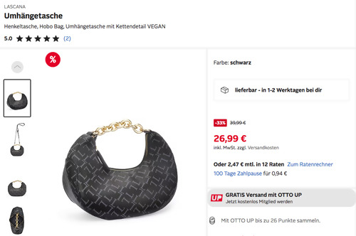 Otto.de - 20% Rabatt auf Sommermode: z.B. LASCANA Umhängetasche Hobo Bag in Schwarz gemustert Otto.de - 20% Rabatt auf Sommermode: z.B. LASCANA Umhängetasche Hobo Bag in Schwarz gemustert