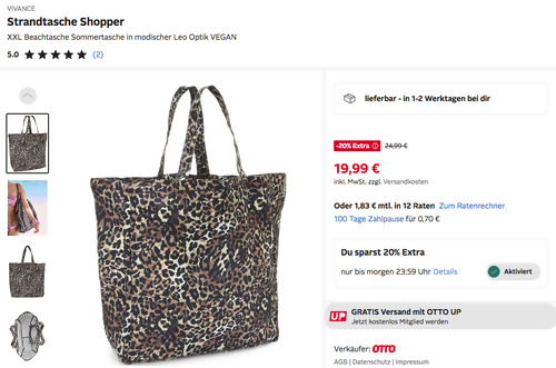 Otto.de - 20% Rabatt auf Sportmode & -schuhe: z.B. VIVANCE Strandtasche Shopper XXL in Leo Optik Otto.de - 20% Rabatt auf Sportmode & -schuhe: z.B. VIVANCE Strandtasche Shopper XXL in Leo Optik