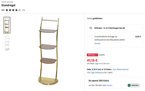 Otto.de - 20% Rabatt auf Wohnzimmermöbel: z.B. HOME AFFAIRE 101x33x25 cm Standregal in Goldfarben Otto.de - 20% Rabatt auf Wohnzimmermöbel: z.B. HOME AFFAIRE 101x33x25 cm Standregal in Goldfarben