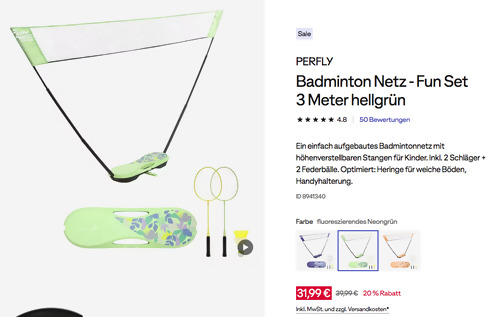 PERFLY Badminton Netz - Fun Set 3 Meter hellgrün PERFLY Badminton Netz - Fun Set 3 Meter hellgrün