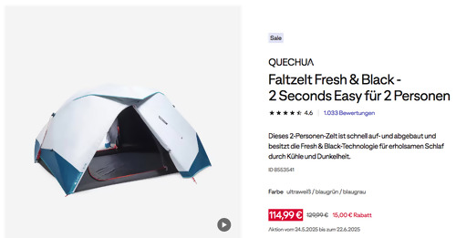 QUECHUA Faltzelt Fresh & Black - 2 Seconds Easy für 2 Personen QUECHUA Faltzelt Fresh & Black - 2 Seconds Easy für 2 Personen