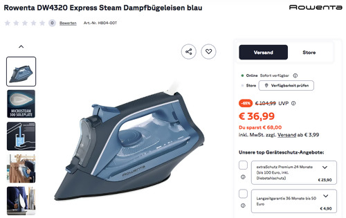 Rowenta DW4320 Express Steam Dampfbügeleisen, 160 g/min Dampfstoß Rowenta DW4320 Express Steam Dampfbügeleisen, 160 g/min Dampfstoß