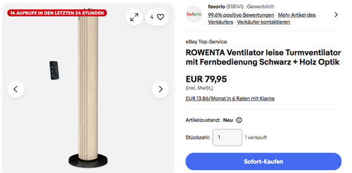 Rowenta Urban Cool VU6770 Turmventilator in Holz Optik (86 cm, 46 dB(A), Fernbedienung) Rowenta Urban Cool VU6770 Turmventilator in Holz Optik (86 cm, 46 dB(A), Fernbedienung)