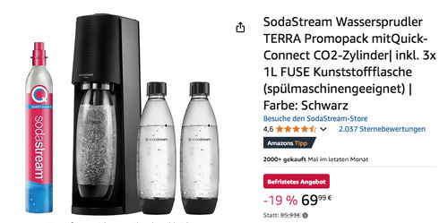 SodaStream 1100448490 Wassersprudler TERRA Promopack in Schwarz inkl. 3x 1L FUSE Kunststoffflasche SodaStream 1100448490 Wassersprudler TERRA Promopack in Schwarz inkl. 3x 1L FUSE Kunststoffflasche