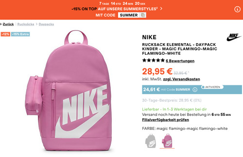 SportScheck.com - 15% Rabatt auf Summerstyles: z.B. NIKE Kinder Rucksack Elemental Daypack in Magic Flamingo SportScheck.com - 15% Rabatt auf Summerstyles: z.B. NIKE Kinder Rucksack Elemental Daypack in Magic Flamingo