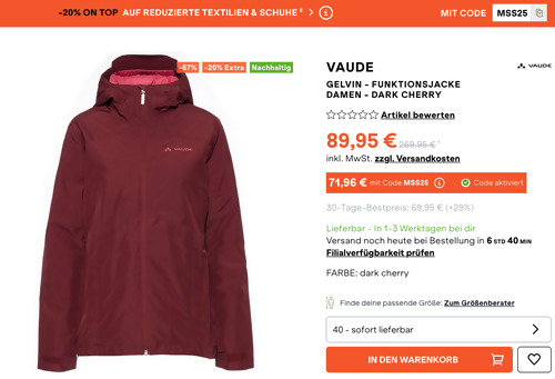 SportScheck.com - 20% Rabatt auf reduzierte Kleidung und Schuhe: z.B. VAUDE Gelvin Damen Funktionsjacke in Dark Cherry SportScheck.com - 20% Rabatt auf reduzierte Kleidung und Schuhe: z.B. VAUDE Gelvin Damen Funktionsjacke in Dark Cherry