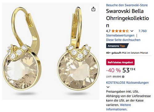 Swarowski 5662093 Ohrhänger Bella, Goldfarben beschichtet Swarowski 5662093 Ohrhänger Bella, Goldfarben beschichtet