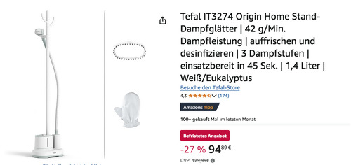 Tefal IT3274 Origin Home Stand-Dampfglätter, bis zu 42 g/Min Tefal IT3274 Origin Home Stand-Dampfglätter, bis zu 42 g/Min