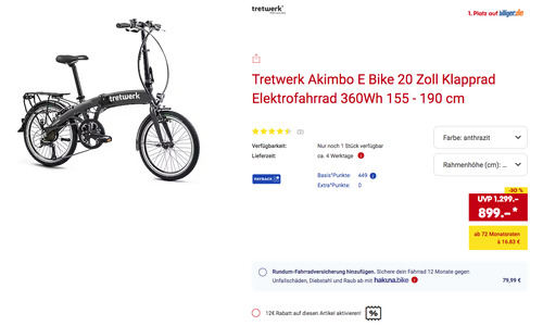 Tretwerk Akimbo 20 Zoll Klapprad E-Bike (360Wh, 155 - 190 cm) Tretwerk Akimbo 20 Zoll Klapprad E-Bike (360Wh, 155 - 190 cm)