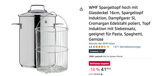 WMF 4,5 Liter Spargeltopf mit Drahteinsatz und Glasdeckel WMF 4,5 Liter Spargeltopf mit Drahteinsatz und Glasdeckel