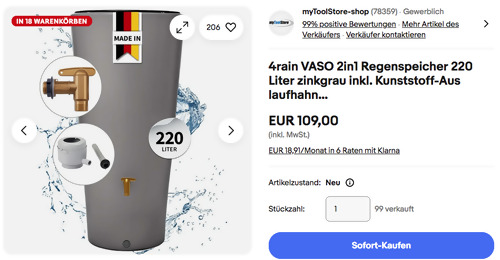 4rain VASO 2in1 Regenspeicher 220 Liter in Zinkgrau, inkl. Kunststoff-Auslaufhahn und Fallrohranschluss 4rain VASO 2in1 Regenspeicher 220 Liter in Zinkgrau, inkl. Kunststoff-Auslaufhahn und Fallrohranschluss