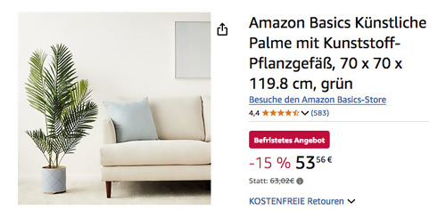 Amazon Basics 119.8 cm Künstliche Palme mit Kunststoff-Pflanzgefäß Amazon Basics 119.8 cm Künstliche Palme mit Kunststoff-Pflanzgefäß