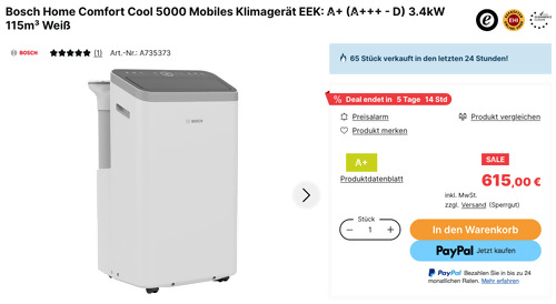Bosch Home Comfort Cool 5000 Mobiles Klimagerät (A+, 3.4 kW, 115m³) Bosch Home Comfort Cool 5000 Mobiles Klimagerät (A+, 3.4 kW, 115m³)