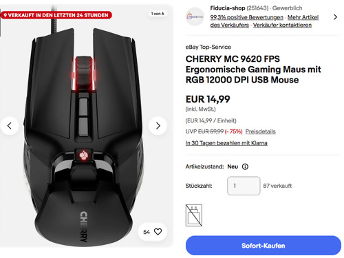 CHERRY MC 9620 FPS Ergonomische Gaming-Maus, 12000 DPI CHERRY MC 9620 FPS Ergonomische Gaming-Maus, 12000 DPI