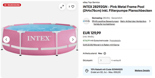 Ebay - 10% Rabatt auf Garten & Terrasse: z.B. INTEX 28292GN 244x76cm Pink Metal Frame Pool inkl. Filterpumpe Ebay - 10% Rabatt auf Garten & Terrasse: z.B. INTEX 28292GN 244x76cm Pink Metal Frame Pool inkl. Filterpumpe