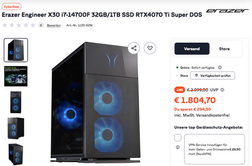 Erazer Engineer X30 10025737 Gaming-PC (i7-14700F, 32GB/1TB SSD, RTX4070 Ti Super, DOS) Erazer Engineer X30 10025737 Gaming-PC (i7-14700F, 32GB/1TB SSD, RTX4070 Ti Super, DOS)