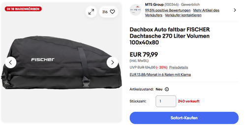 FISCHER 126000 270 Liter Dachbox/Dachtasche, 100x40x80 cm FISCHER 126000 270 Liter Dachbox/Dachtasche, 100x40x80 cm