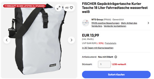 FISCHER 86264 18 Liter Gepäckträgertasche Kurier-Tasche FISCHER 86264 18 Liter Gepäckträgertasche Kurier-Tasche