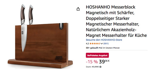 HOSHANHO Messerblock Magnetisch mit Schärfer, Akazienholz HOSHANHO Messerblock Magnetisch mit Schärfer, Akazienholz